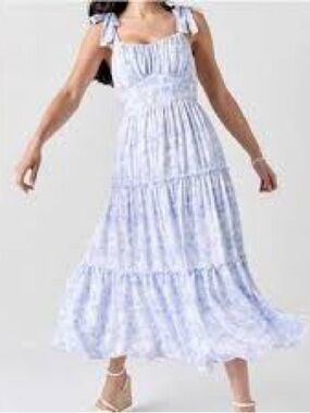 NWT Audrey Parks Francesca’s Blue Floral Tie Waist/Shoulder Midi Dress Women’s M